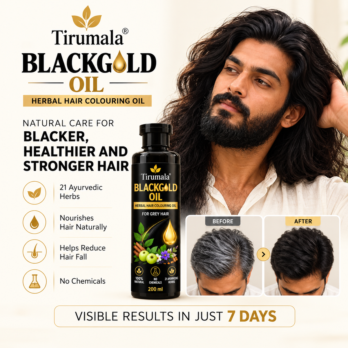 Tirumala™ BlackGold Oil – Herbal Hair Darkening Oil for Grey & White Hair | 200 ml