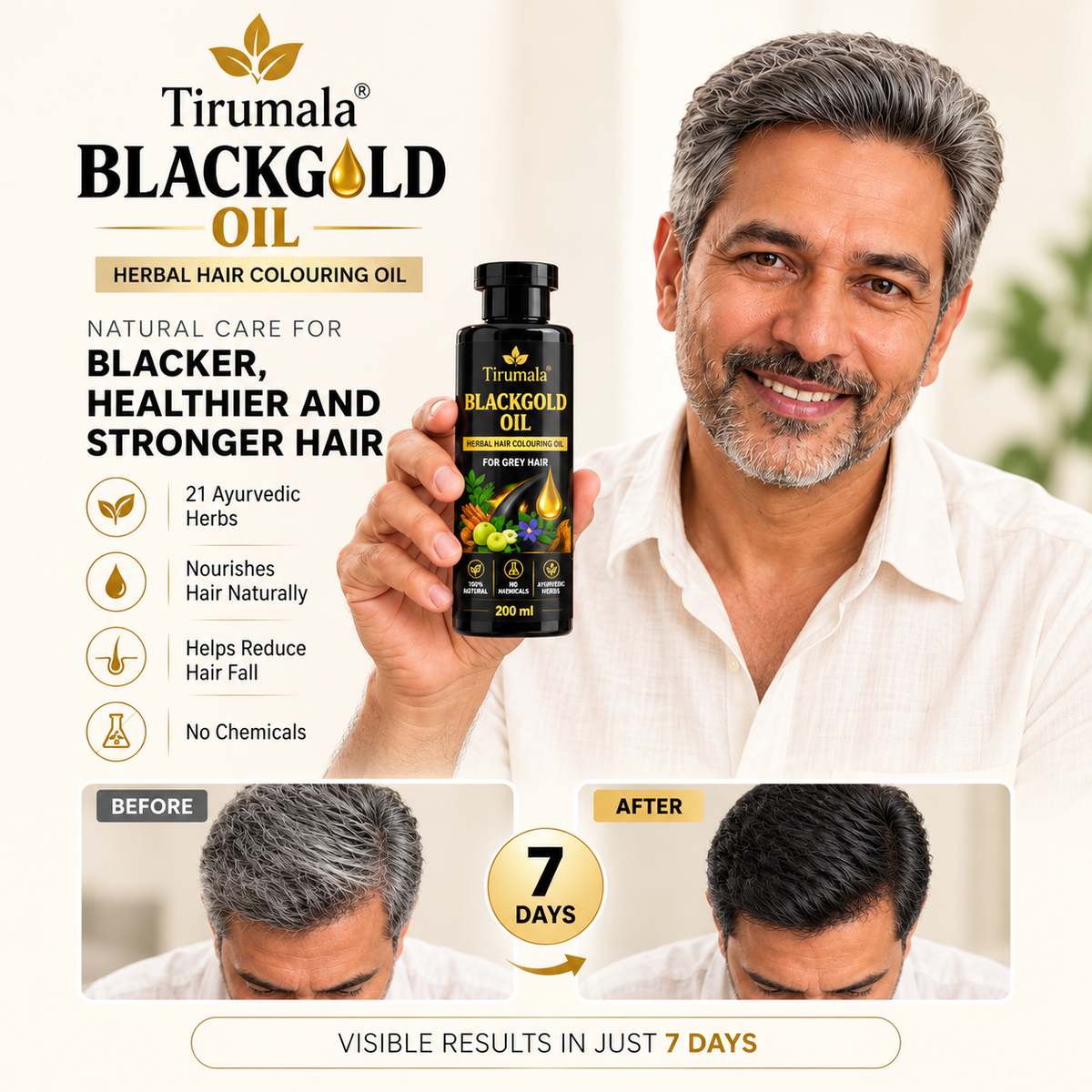 Tirumala™ BlackGold Oil – Herbal Hair Darkening Oil for Grey & White Hair | 200 ml