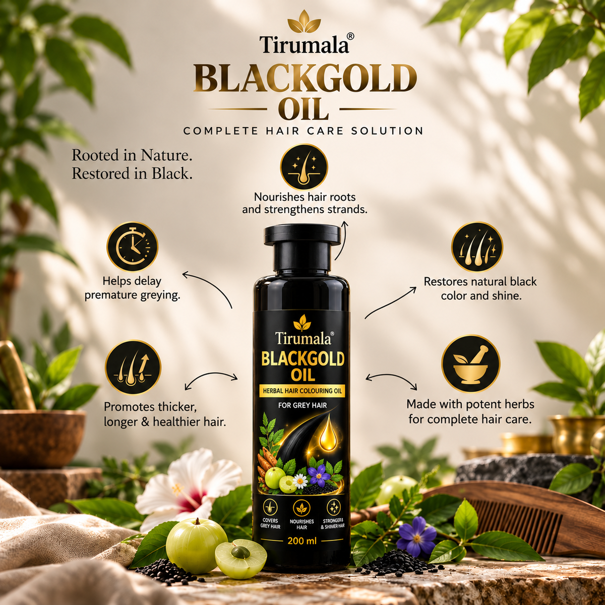 Tirumala™ BlackGold Oil – Herbal Hair Darkening Oil for Grey & White Hair | 200 ml