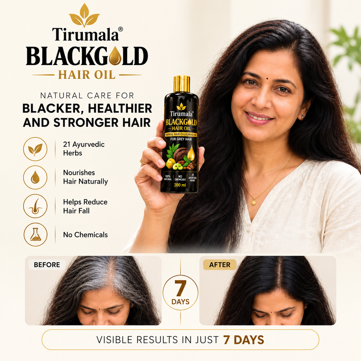 Tirumala™ BlackGold Oil – Herbal Hair Darkening Oil for Grey & White Hair | 200 ml